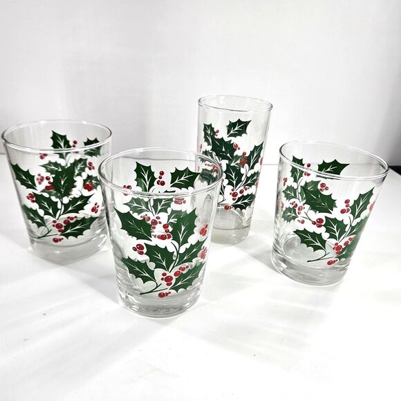 4 Lot Vintage Libby Holly Berry Christmas Drinking Glasses 1 Tumbler 3 Rocks - Picture 10 of 10